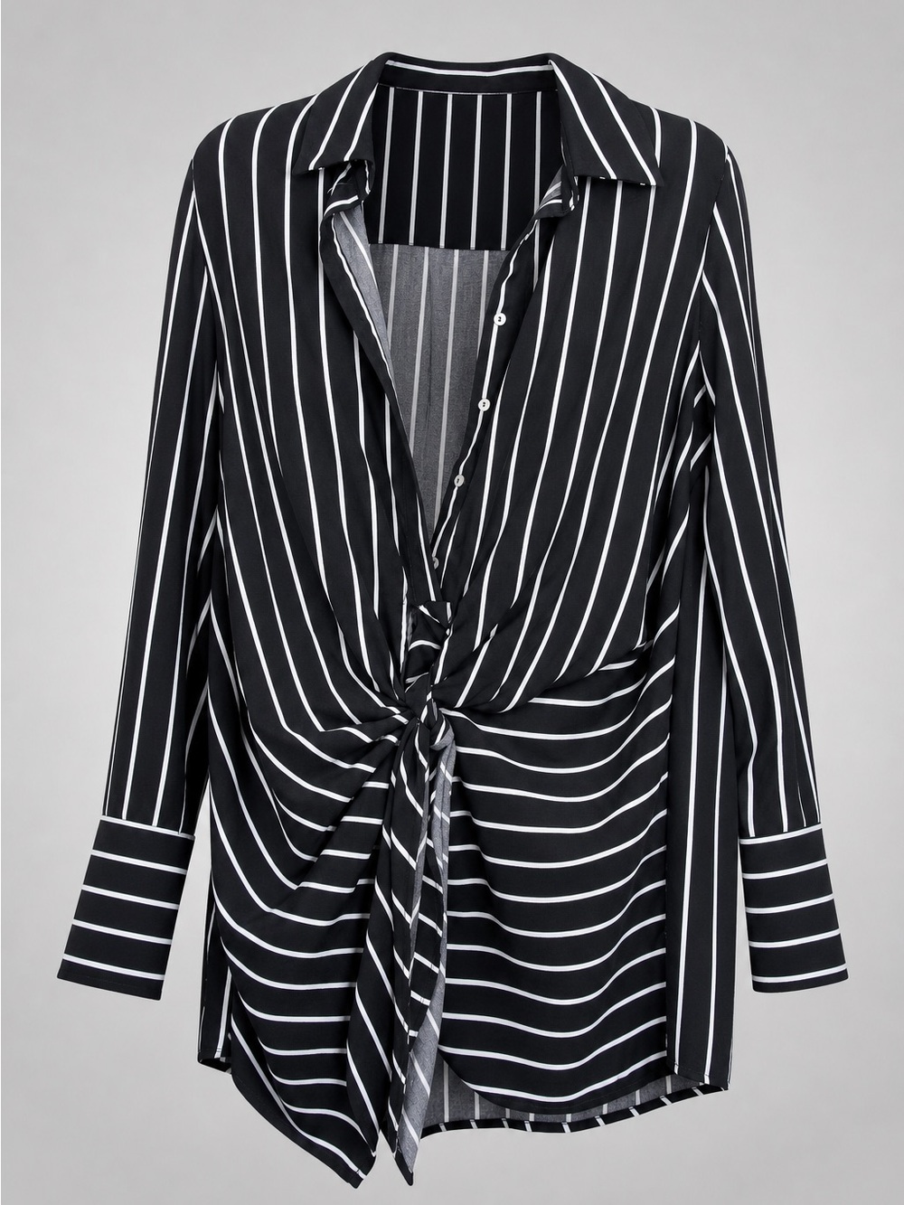 Black & White Striped Tie-Front Button Down Shirt